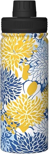 Miniatura 2 de Botella de agua deportiva floral azul amarillo aislado de acero inoxidable, botella de agua de 18 onzas para fitness, deportes al aire libre,