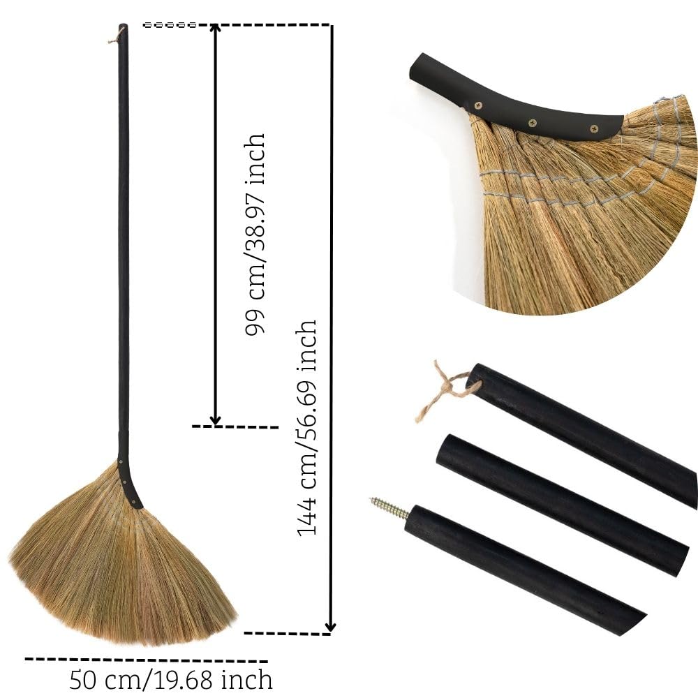 Vietnamesischer Strohbesen – Indoor-Grasbesen – Kehrhand mit schwarzem langem Griff, Besen für Haus, Garage, Büro, Lobbyraum, Küche mit 144 cm Länge