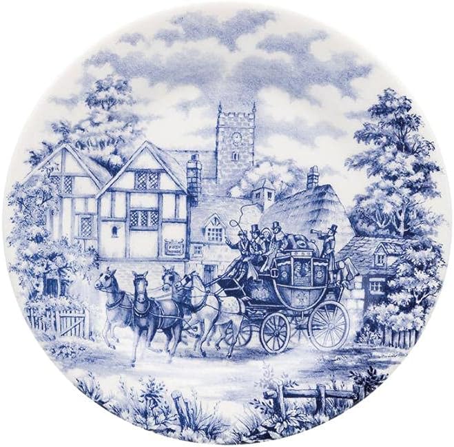 Vista superior de prato de cerâmica Biona com estampa detalhada de carruagem e arquitetura inglesa