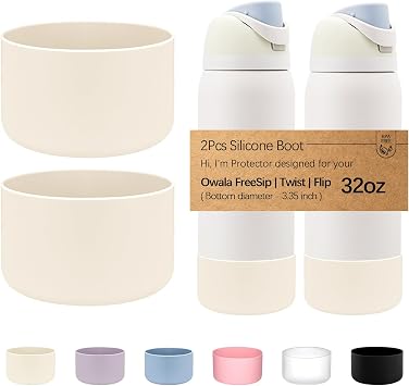 WK IEASON 2Pcs Silicone Water Bottle Boot for Owala 32oz, Protective Flask Bottom Cover Base for Owala FreeSip Twist and Flip Flask Bottles Creamx2, 32OZ