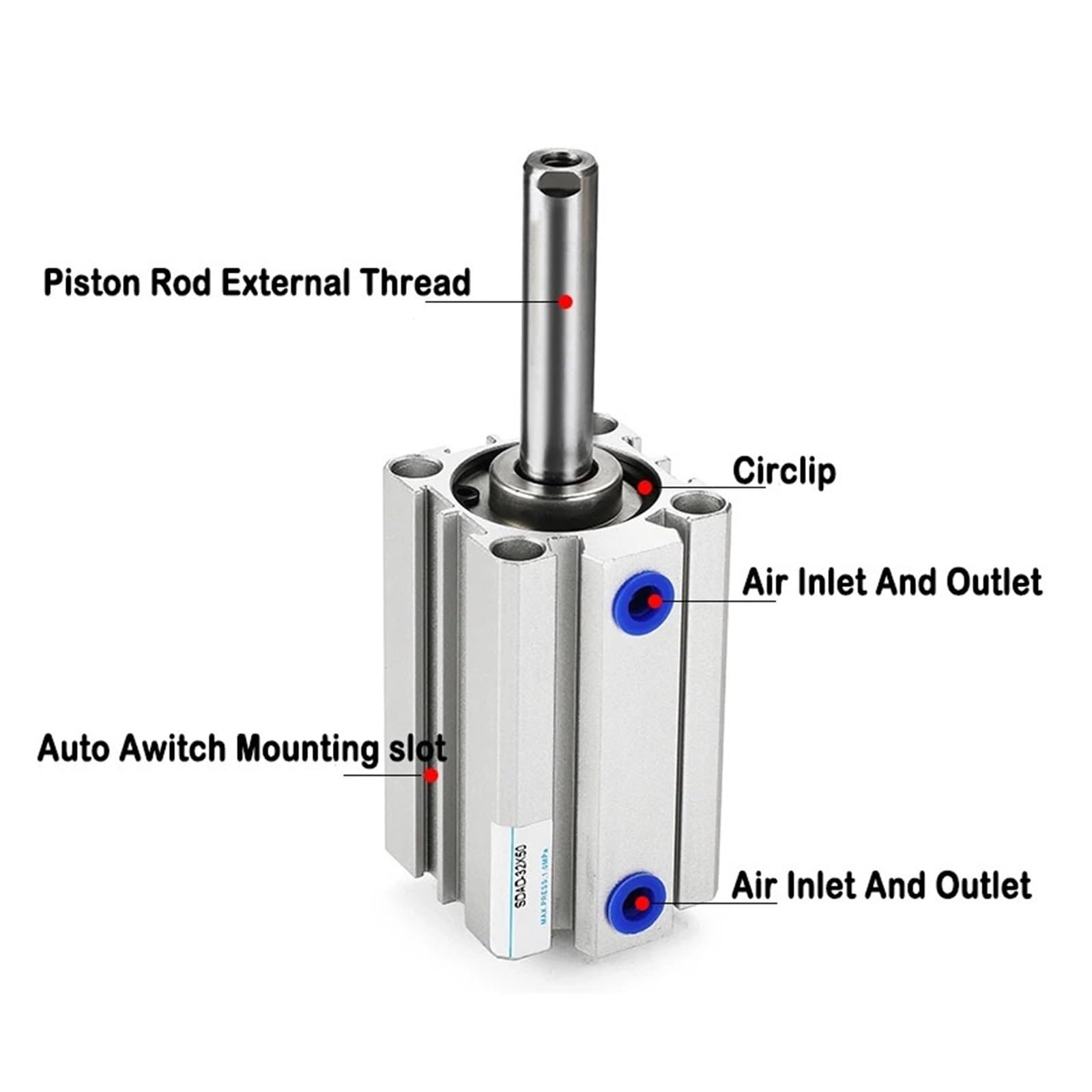 Kleiner pneumatischer Doppelausgangs-Doppelkopf-Dünnzylinder SDAD20-63mmX10/15/20/25/30/35/40/50(Stroke 50mm,Bore 32mm)