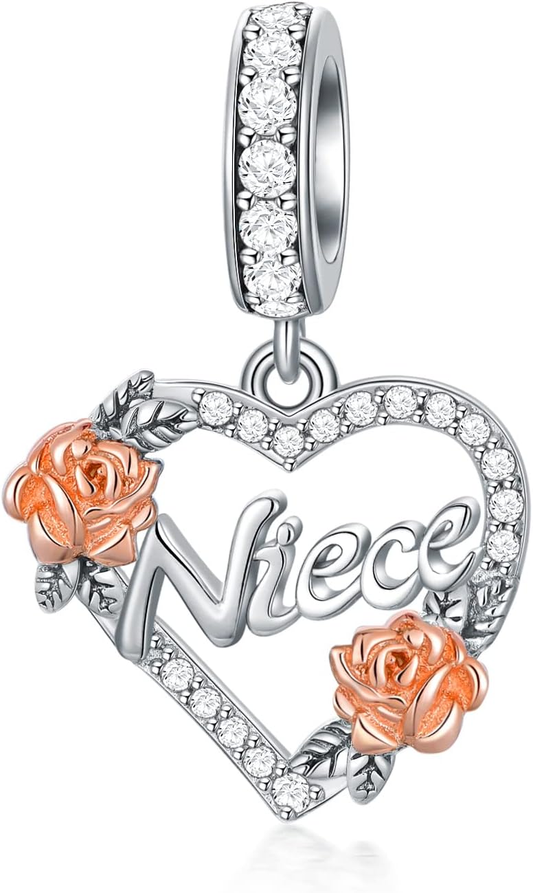 Aunt/Niece Charms for Bracelets 925 Sterling Silver Rose Flower Heart Dangle Charms Aunt/Niece Jewelry Birthday Gifts for Women Girls Auntie