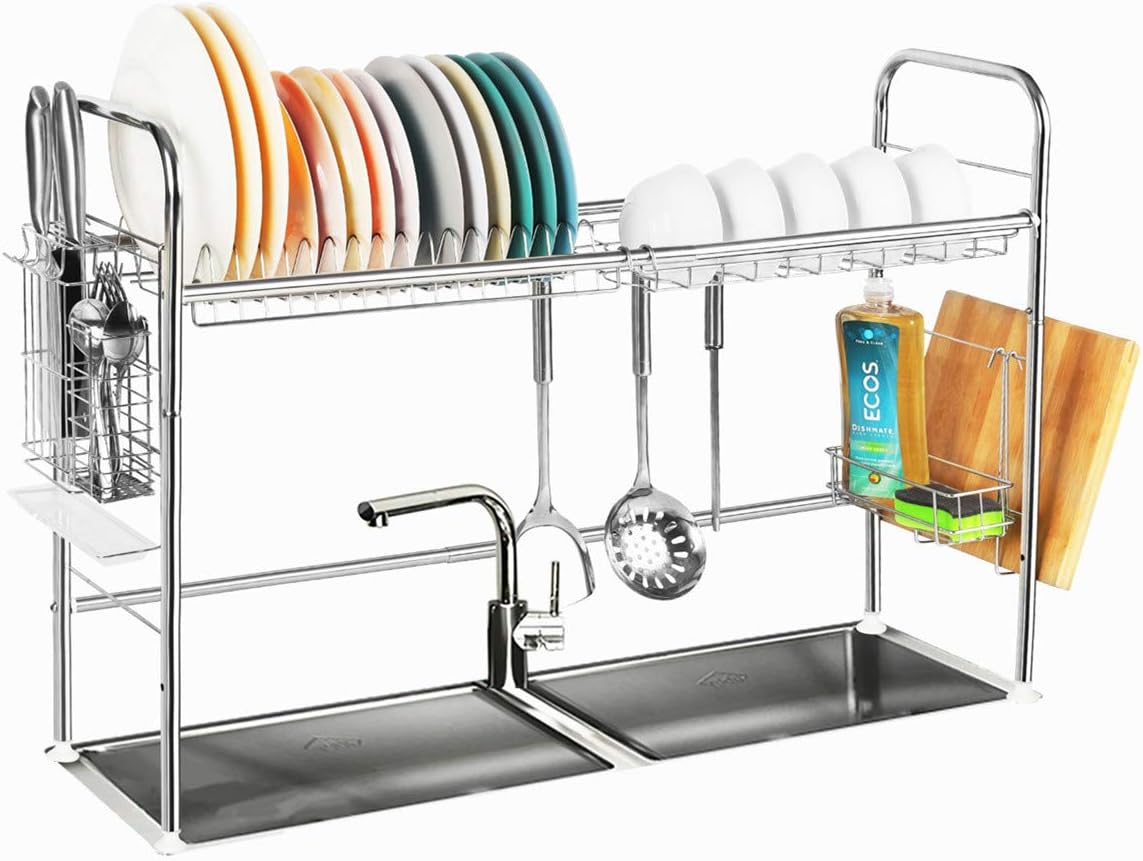 NEX Over The Sink Dish Rack, Dish Drying Rack for Kitchen Stainless Steel Dish Drainer Large Capacity with Cutting Board Holder Sink Shelf Storage Rack