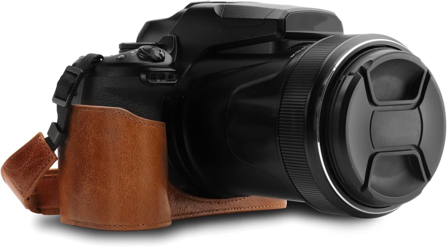 MegaGear MG1534 Nikon Coolpix P1000 Ever Ready Leather Camera Half Case and Strap - Dark Brown