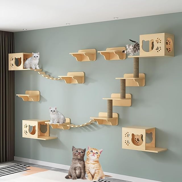 Marco de Escalada para Gatos con Poste Rascador, Estante de Pared Flotante y Casa Interior
