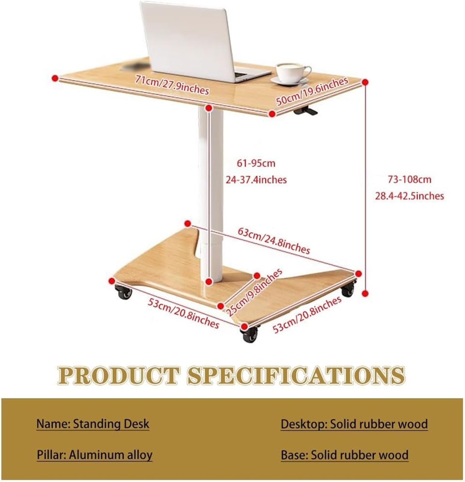 SDdPulse Scrivania mobile per computer portatile con ruote, stabile e portatile, tavolo con supporto pneumatico, tavolo da letto mobile per la casa, con solida base a forma di C, A