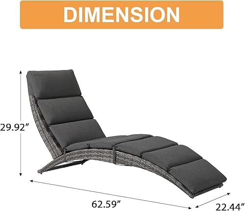 Miniatura 2 de JOIVI Tumbona para patio, tumbona para exteriores, tumbona plegable de ratán PE con cojín extraíble gris oscuro, adecuado para piscina, jardín,