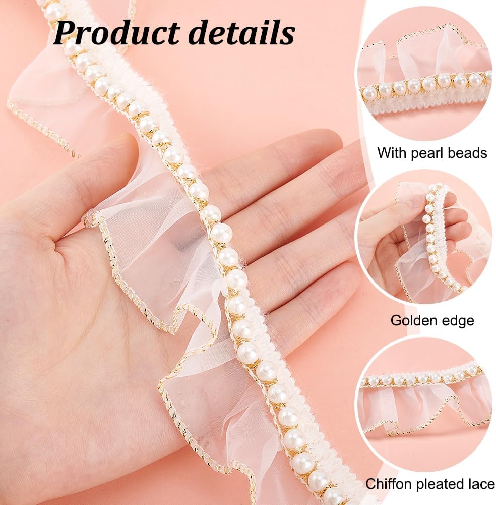 PH PandaHall 5 Yards White Ruffle Pearl Trim Chiffon Lace, 1.5 inch Wide | Pleated Lace Ribbon, Organza Fabric, Beaded Ribbon, For Sewing Wedding Dress Home Deco Skirts Gift Wrapping