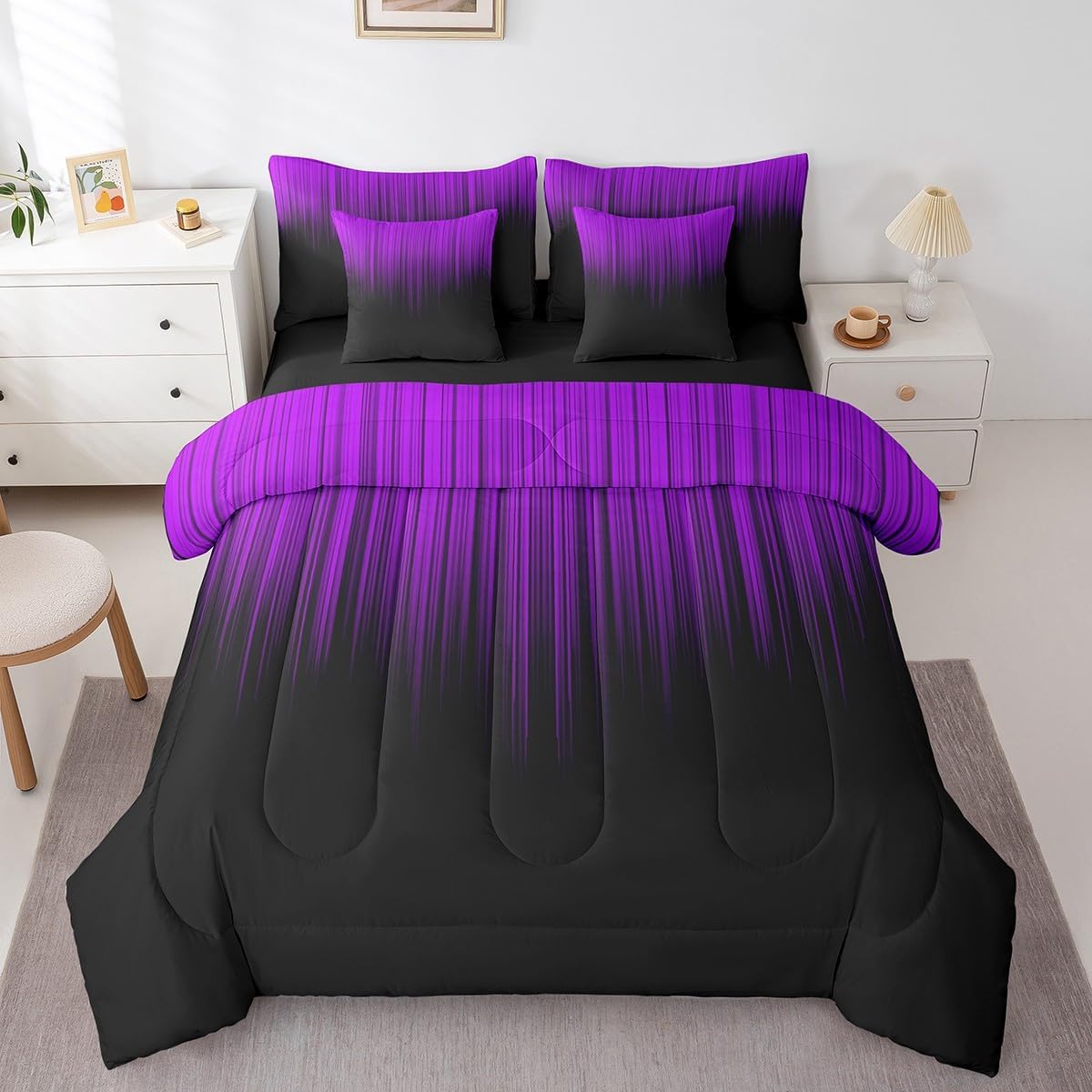 Feelyou Abstract Ombre Comforter Set with Sheets Kids Teens Purple and Black Girls 7 Piece Bedding Set Room Decor Fashion Modern Women Bed in a Bag Bedroom Collection Queen Size