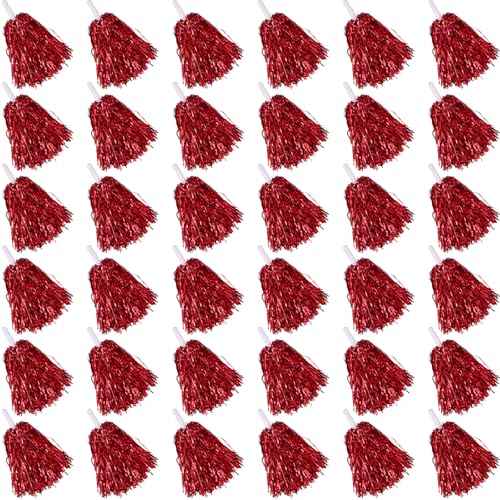yzhweln 36 Pcs Red Cheerleading Pom Poms - School Spirit Shakers Metallic Foil Cheering Pompoms Cheer Pom with Baton Handle Plastic Squad for Adults Team Spirit Sports Party Cheering (36, Red)