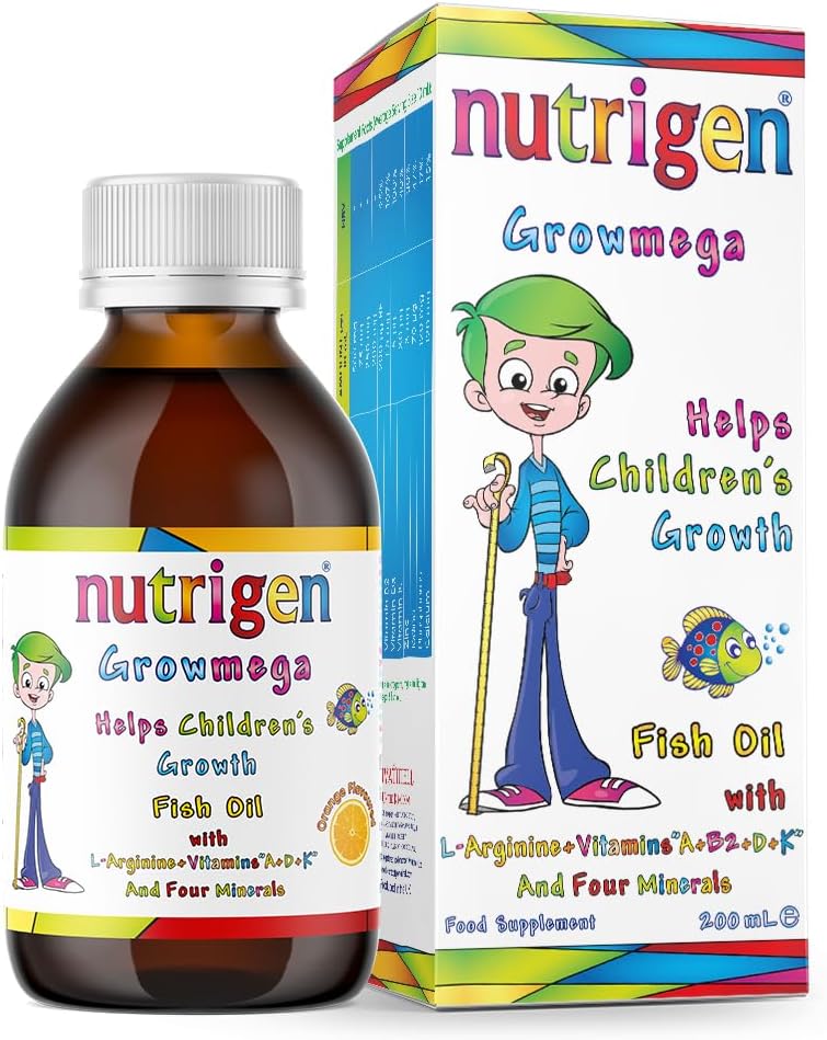 Nutrigen Growmega Liquid with Icelandic Fish Oil, Omega‑3 (EPA & DHA) + Vitamins A, B2, D, K, Calcium, Zinc, Phosphorus, Iodine & L‑Arginine, Orange Flavoured, Helps Children’s Growth, 200 mL