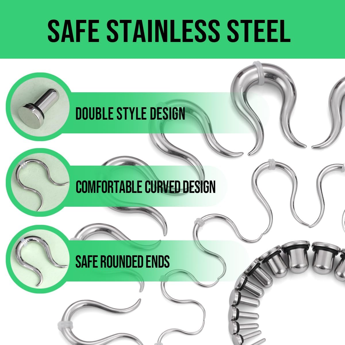 TBOSEN Precise Dimensions Set Stainless Steel Curved Tapers | O-Ring Ear Plugs Tunnels Gauges Stretcher Piercings Kit