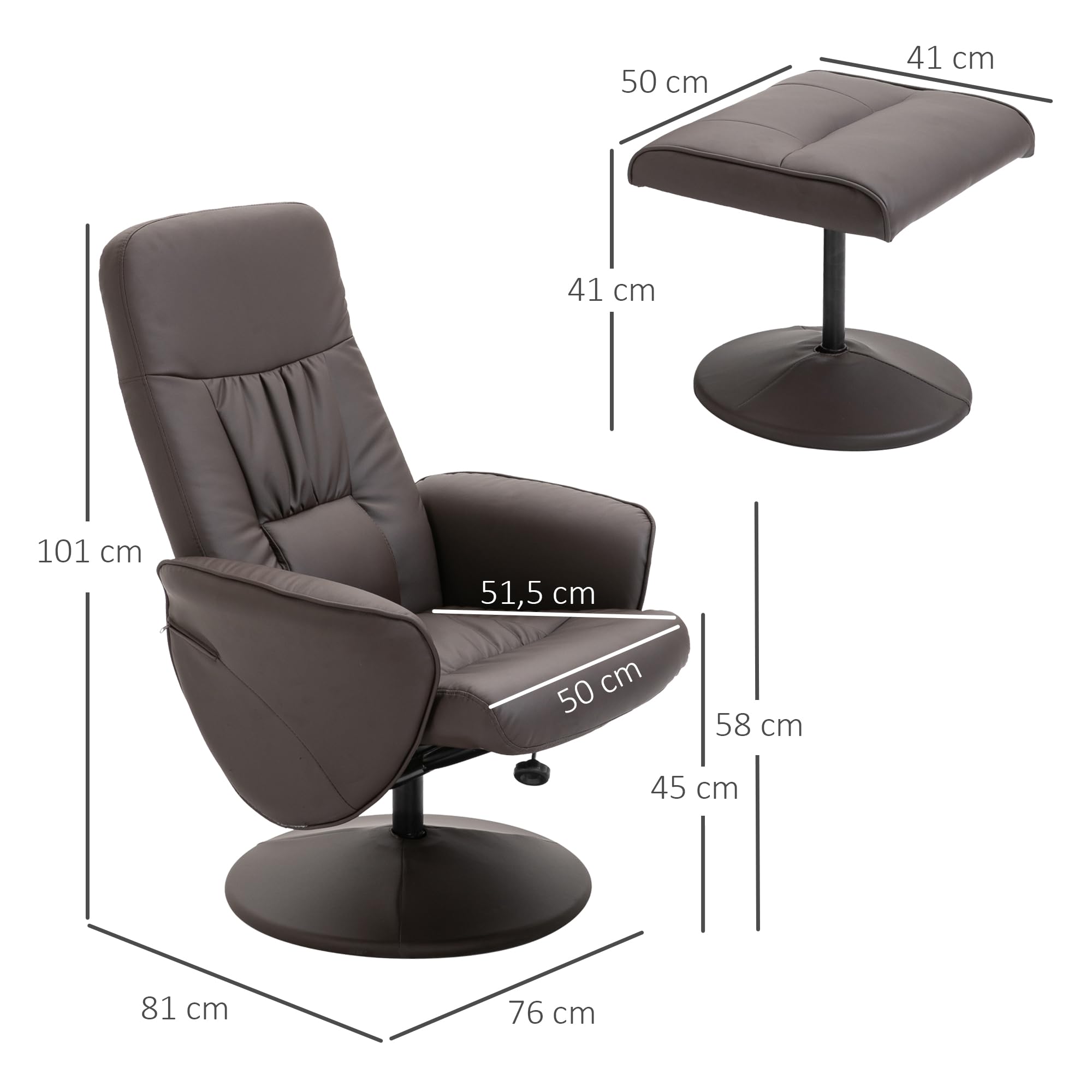 HOMCOM Sillón Relax Reclinable con Reposapiés, Sillón Relax de Cuero Sintético con Respaldo Alto, Giratorio 360°, Reposabrazos, para Salón, Dormitorio, Marrón