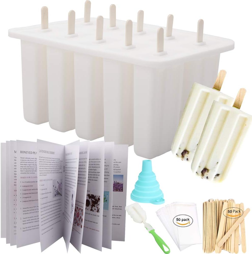 Homemade Popsicle Molds Shapes, Food Grade Silicone Frozen Ice Popsicle Maker-BPA Free, with 50 Popsicle Sticks, 50 Popsicle Bags, Brush, Funnel and Ice Pop Recipes(White 10 Cavities)