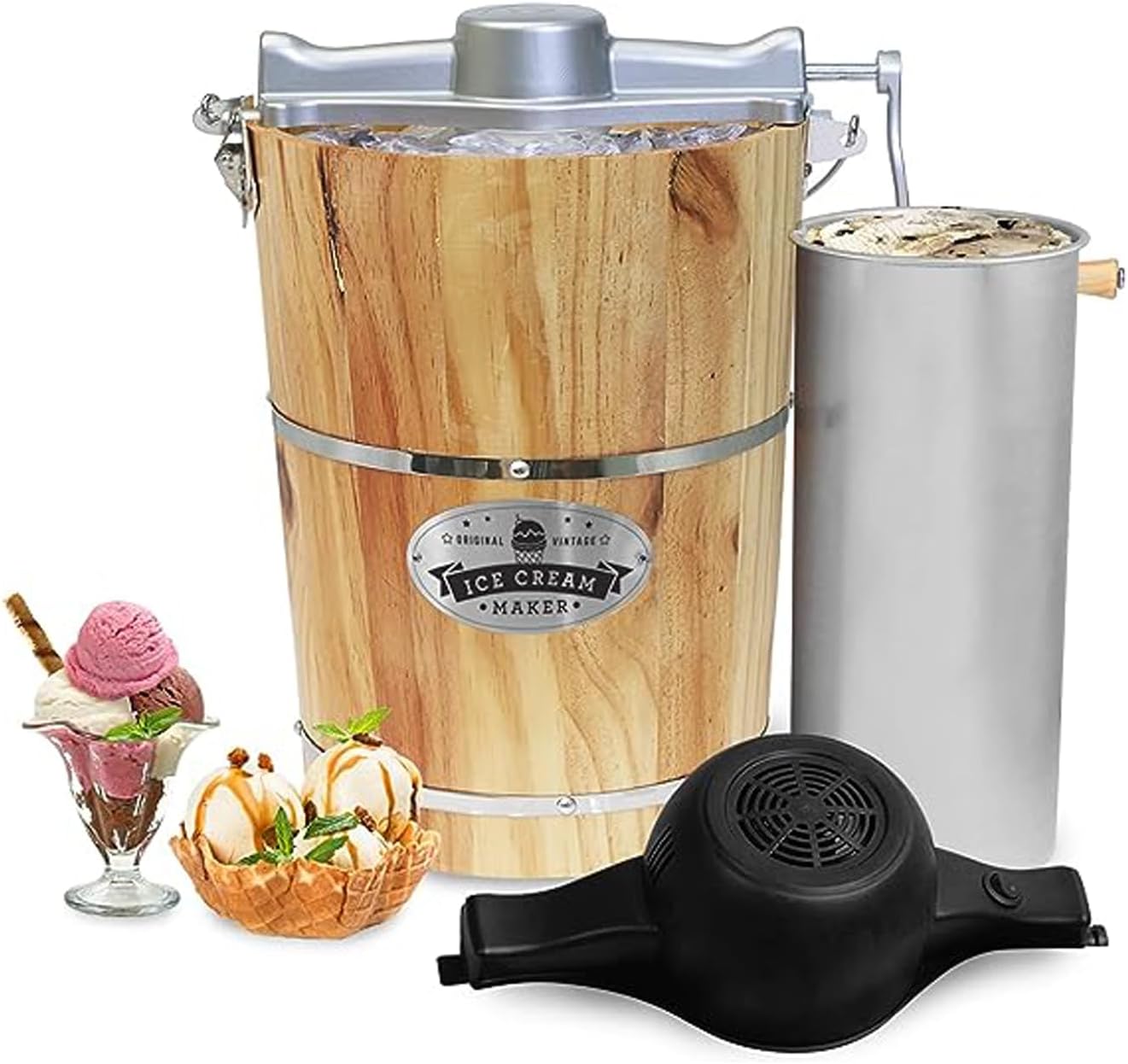 Elite Gourmet Old Fashioned 6 Quart Vintage Appalachian Wooden Bucket with Electric Ice Cream Maker Machine *Bonus Classic Die Cast Hand Crank for Stirring Use Ice and Rock Salt Churn Ice Cream in