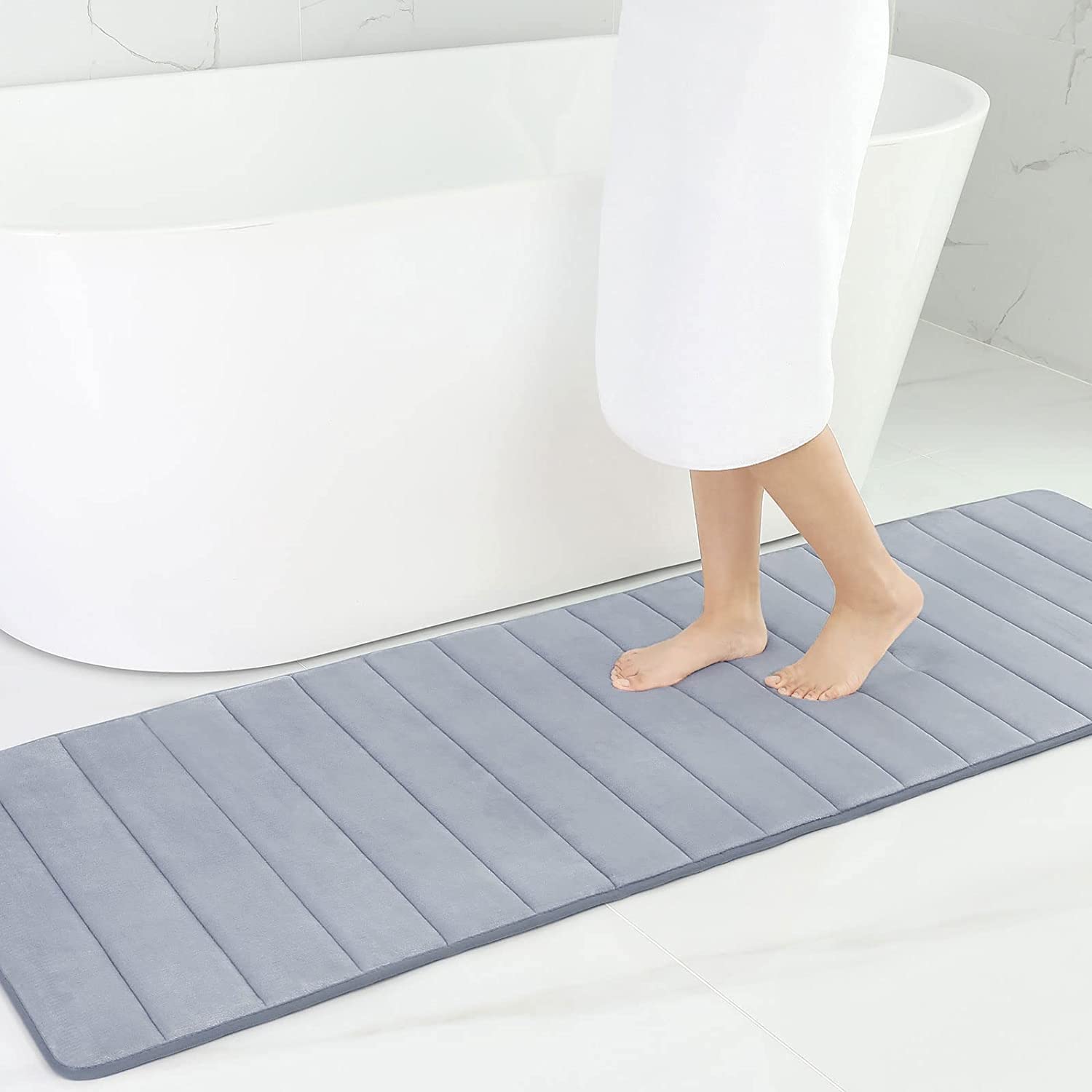 smiry Memory Foam Bath Mat, 60 x 180 cm, Extra Soft Large Bathroom Mat Runner, Super Absorbent Non-Slip Bath Mats for Bathroom Floor Long Machine-Washable Dry Bath Rug Foot Mat, Light Grey