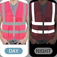 Vista 4 de FEimaX Chaleco de seguridad de alta visibilidad, chaleco de trabajo reflectante de malla para hombres y mujeres con bolsillos y cremallera, cumple