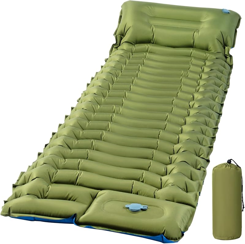 FrutPunch Ultralight Sleeping Pad for Camping, Camping Mat with Pillow | Built-in Foot Pump Inflatable Sleeping Pads Compact for Camping Backpacking Hiking Traveling Tent, Single, Green
