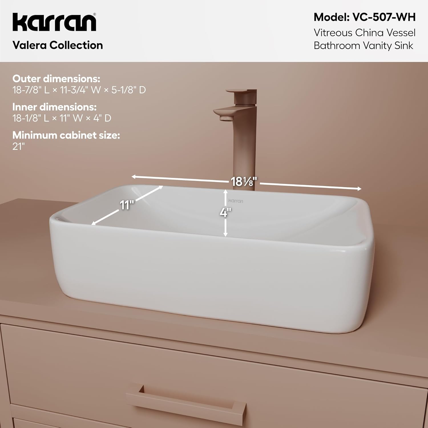 Karran Valera 19" Rectangular Vessel Bathroom Sink – White Above Counter Vitreous China Ceramic Vanity Basin, Modern Tapered Vessel Sink VC-507-WH