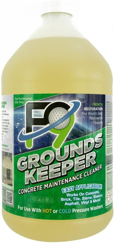 F9 Groundskeeper Cleaner – Industrial-Grade Concrete Maintenance Degreaser, Biodegradable & Phosphate-Free, Removes Tire Marks Soil & Grime 1 -Gallon