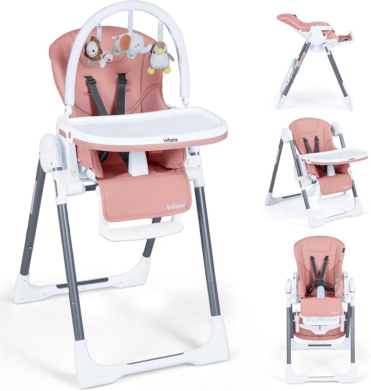 High Chair for Babies and Toddlers, Foldable Highchair with 7 Different Heights 4 Reclining Backrest Seat 3 Setting Footrest, Removable Tray Built-in Rear Wheels with Locks
