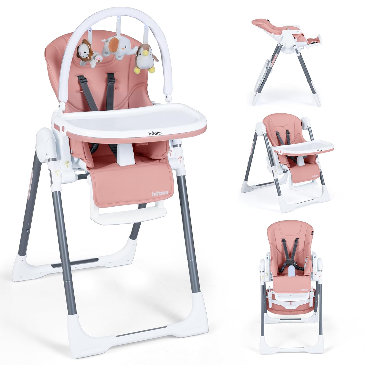 INFANS High Chair for Babies and Toddlers, Foldable Highchair with 7 Different Heights 4 Reclining Backrest Seat 3 Setting Footrest, Removable Tray Built-in Rear Wheels with Locks