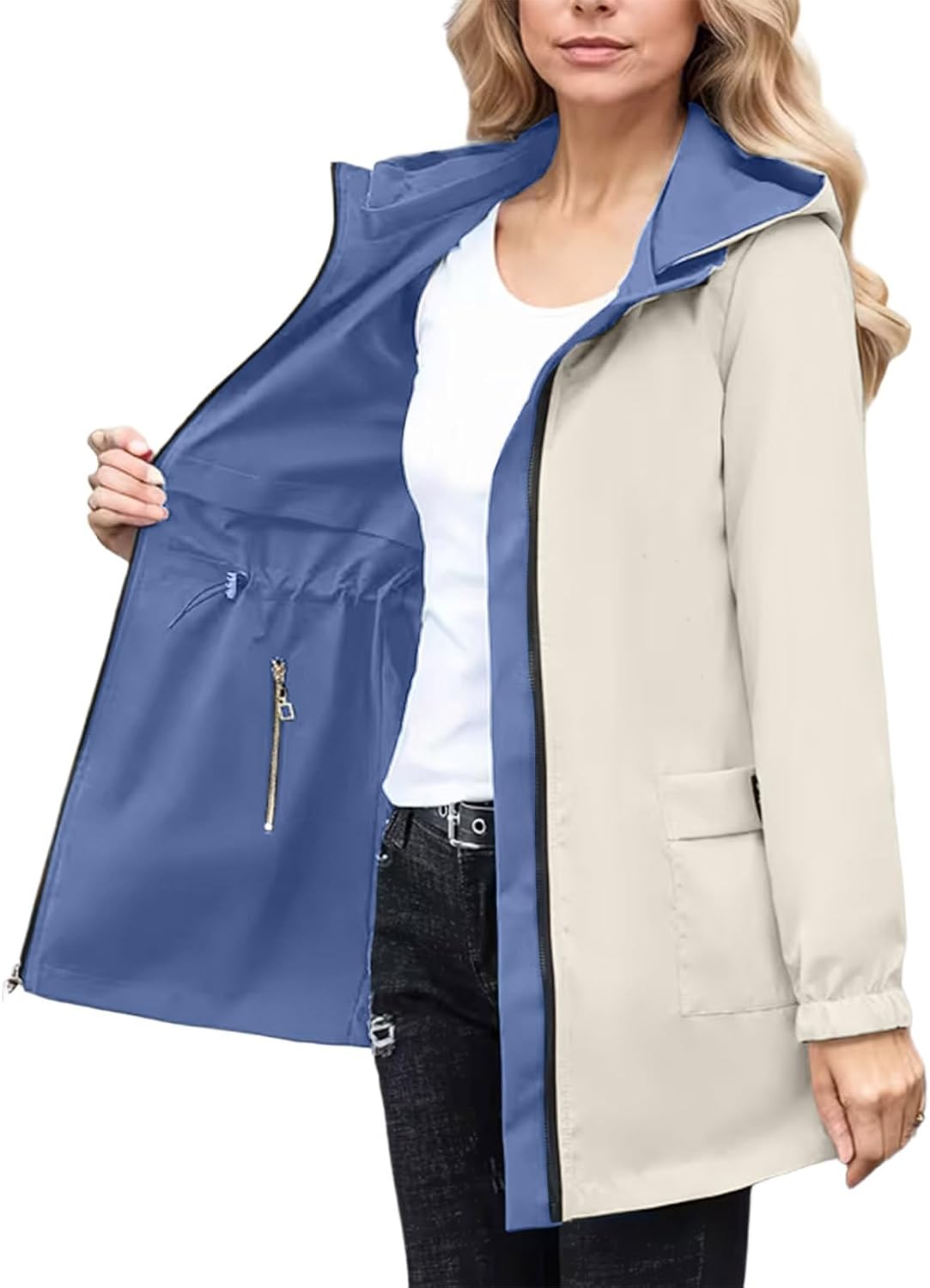 Trench Coat for Women Hooded Zip Up Windbreaker Contrast Lining | Women's Mid Length Rain Jacket with Zippered Pocket, Snap Placket, Long Sleeve for Fall Spring Travel Outdoor