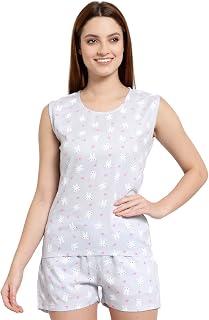UZARUS Women's Cotton Printed Night Suit Set of Top & Shorts Price In India