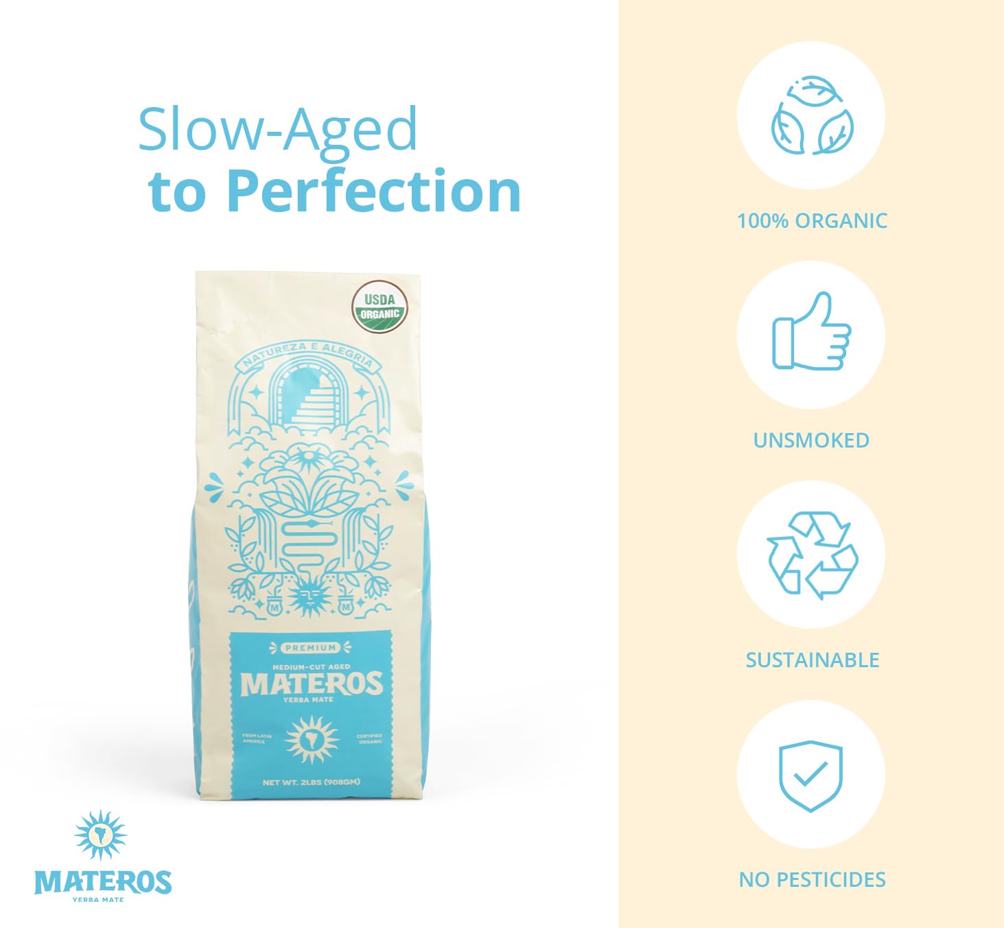 Materos Premium Loose Leaf Yerba Mate Tea - Organic, Unsmoked, Smooth Traditional Taste from South Brazil - Medium Cut, Ideal Hot Drink for Cold Weather, Pure Natural Energy & Focus - 2 LBs