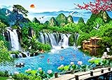 BELECO 7x5ft Fabric Mountain Lake Wonderland Backdrop for Photography Waterfalls Backdrop Mountain Pavilion Bridge Lotus Crane Spring Flowers Asian Landscape Painting Nature Backgroud Photo Props