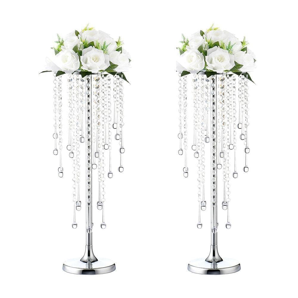 Soporte central de boda de 21.6 pulgadas, jarrón de metal plateado con cristal de 2 piezas encantador portavelas para mesas de recepción, decoración de bodas, aniversarios, fiestas