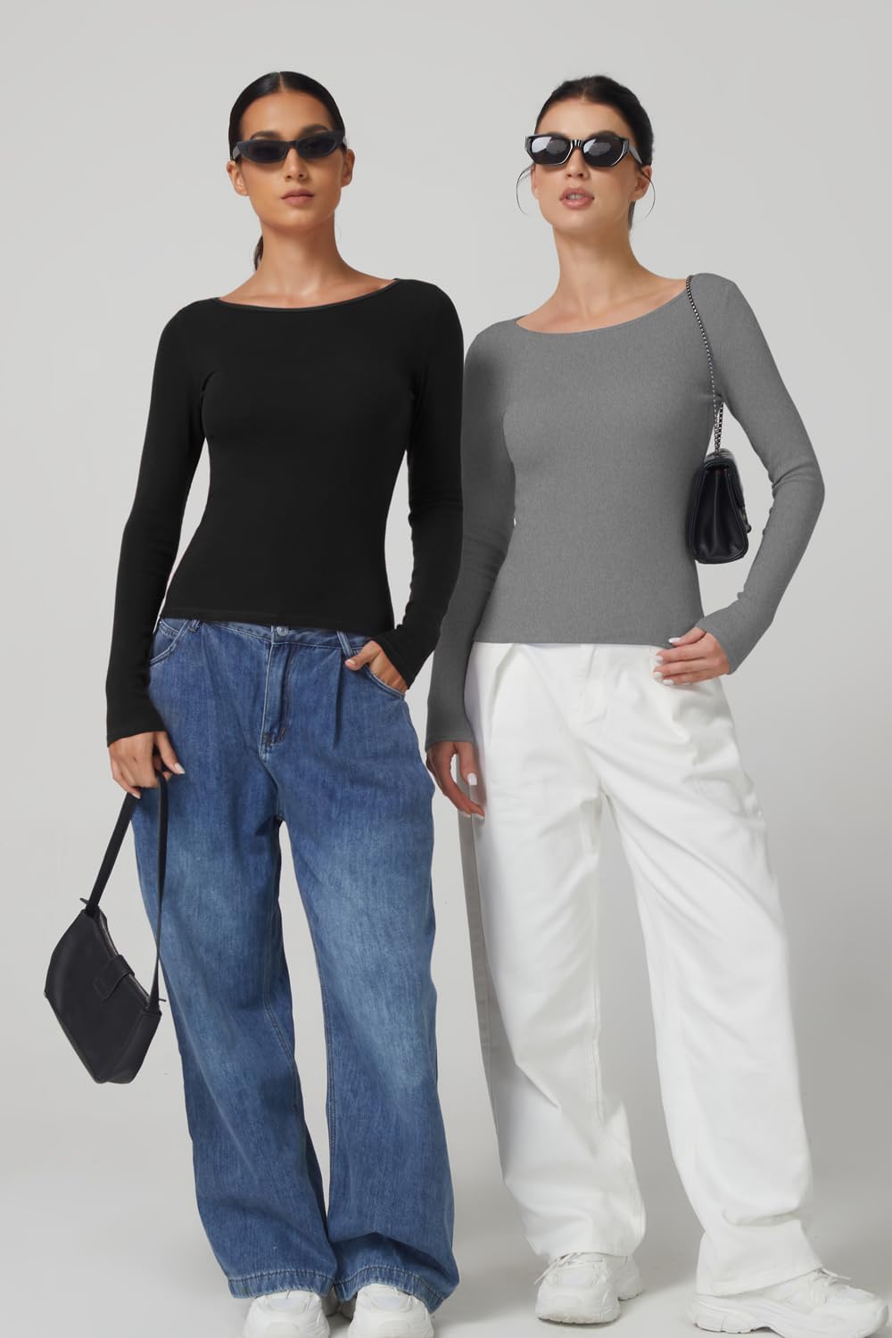 QINSEN Women's Long Sleeve T Shirts Crewneck Tight Fitted Rib Knit Y2k Casual Tee Tops - Image 5