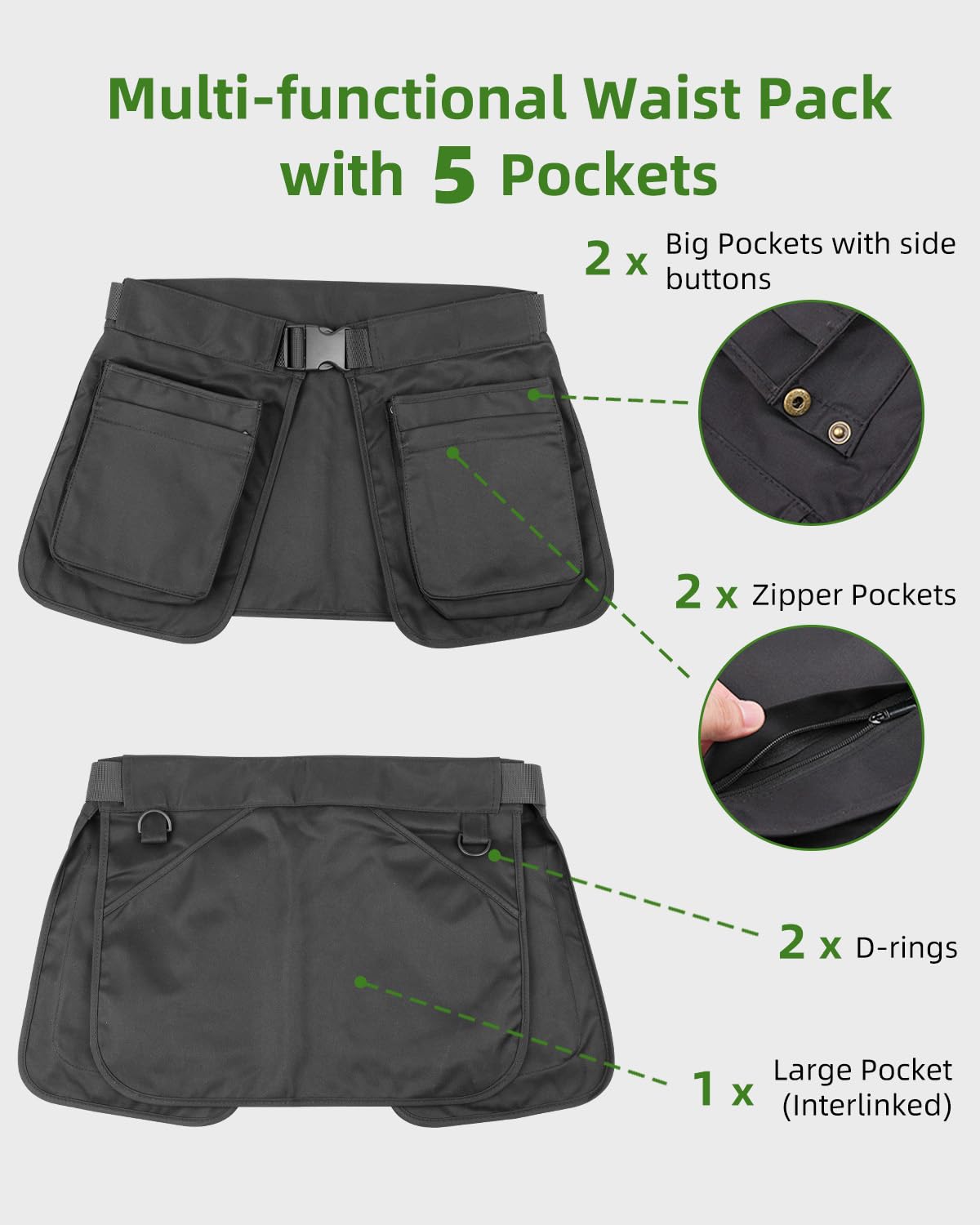 Zippered Waist Apron Running Fanny Pack,Water Resistant Waist Pack