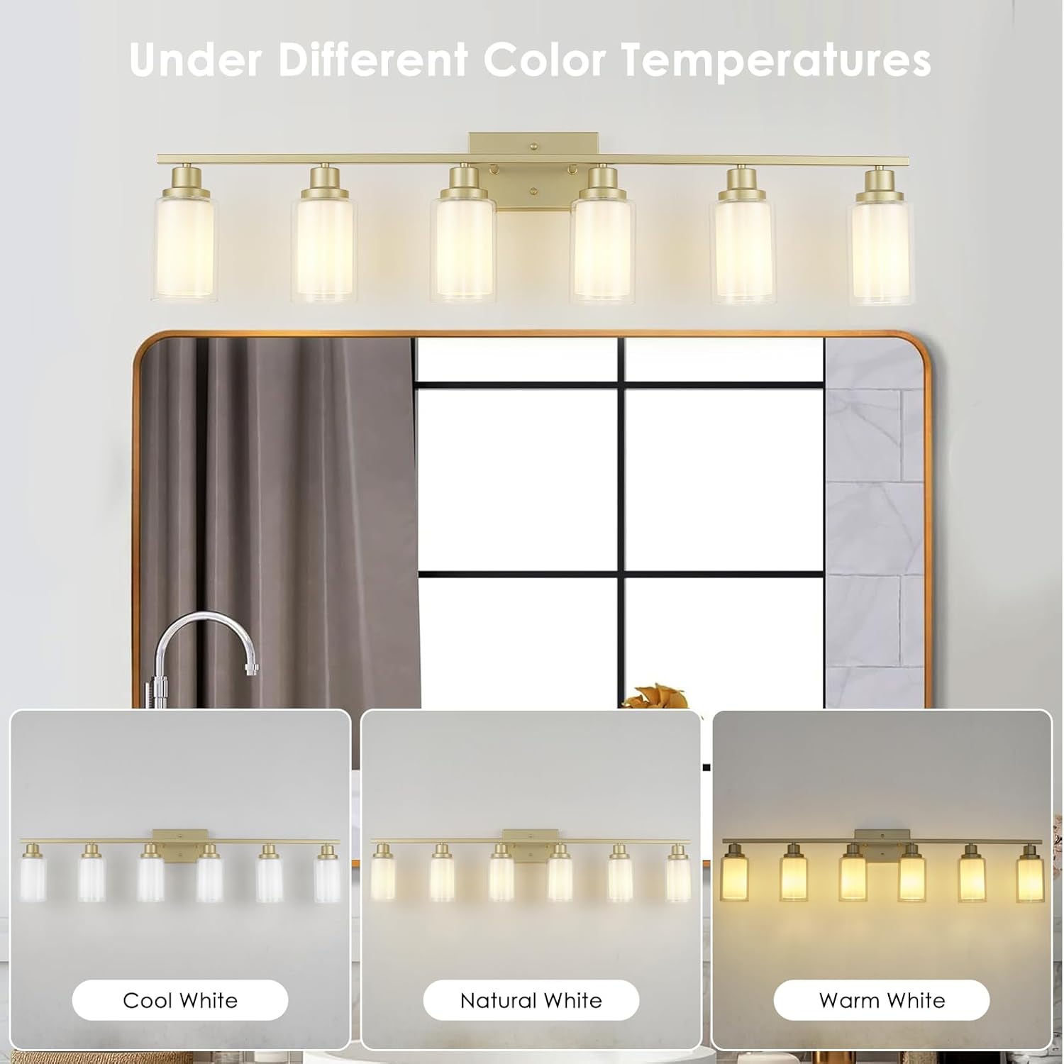 Jonsi Bathroom Vanity Light 6-Light Gold Vanity Lights 44.5" Bathroom Light Fixtures Over Mirror with Double Clear Glass Modern Wall Sconces for Living Room Hallway Bedroom