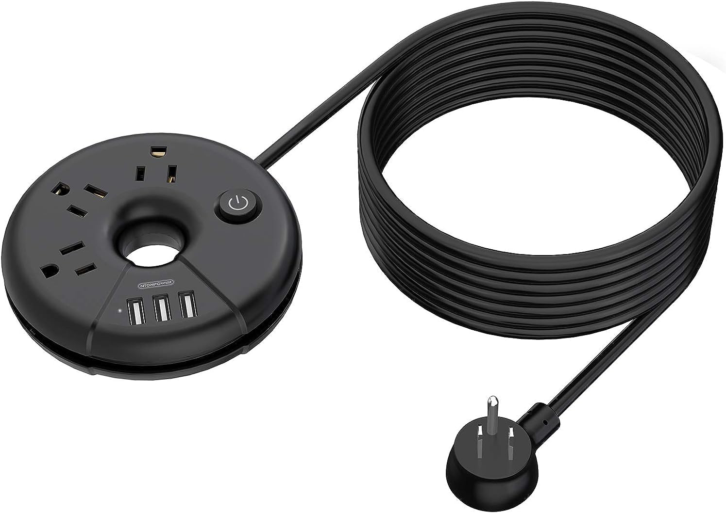 Extra Long Extension Cord 25 Ft, NTONPOWER Flat Plug Power Strip with 3 Outlets 3 USB Ports, Compact Desktop Charging Station with Switch for Home, Office, TV, Nightstand, Dorm Room Essentials, Black 25FT