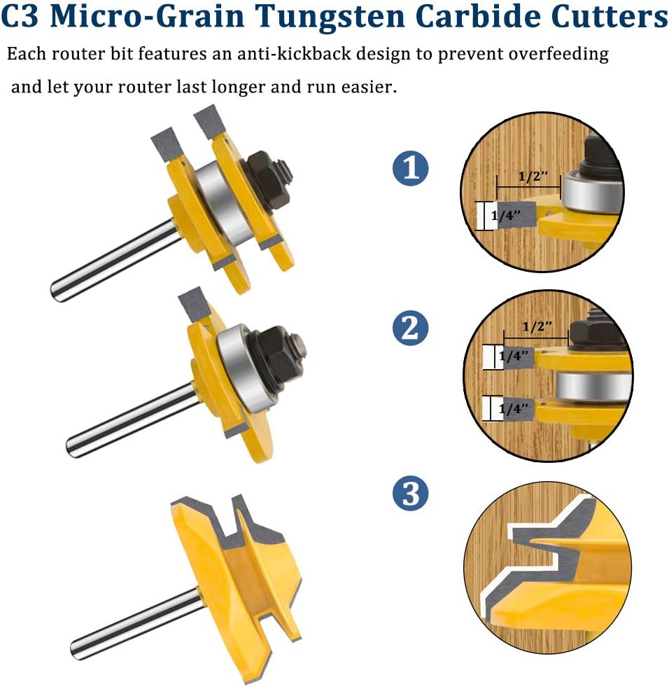 Best Cyber Monday 🔥 PEALIFE Tongue and Groove Router Bit Tool Set 1/4'' Shank+45° Lock Miter Bit 1/4'' Shank – 3 PCS, Solid Steel, Anti Kickback Design, Wood Milling Cutter for CNC, Tables, Doors, Shelves, DIY Woodwork