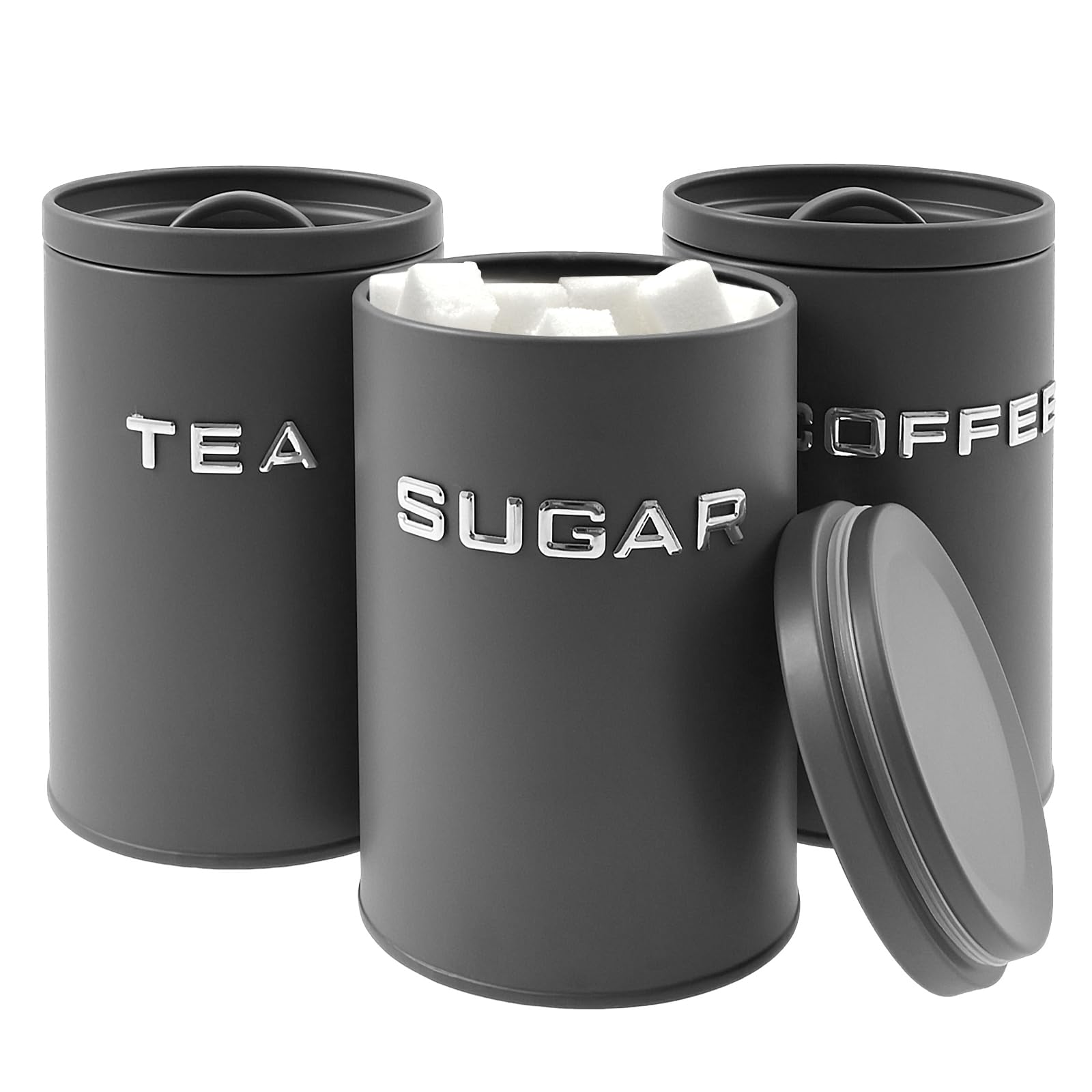 Kuanght Grey Tea Coffee Sugar Canisters Set With Lids 11 × 11 × 16.2 Cm 3 Pcs Kitchen Canister For Dried Fruits Candies Spices And Grains, Airtight Biscuit Container(Grey)