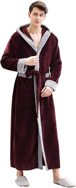 PUTUO Mens Soft Fleece Dressing Gown Hooded Bathrobe Winter Warm Long Robes Fluffy Nightwear Housecoat