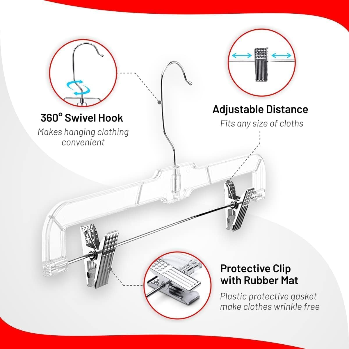DEILSY™ Skirt Hangers Pants Hanger with Clips Hanger Shorts Clear Plastic Clothes with 2-Adjustable Clip Non-Slip Clothes Perfect for Pant, Pack of 25