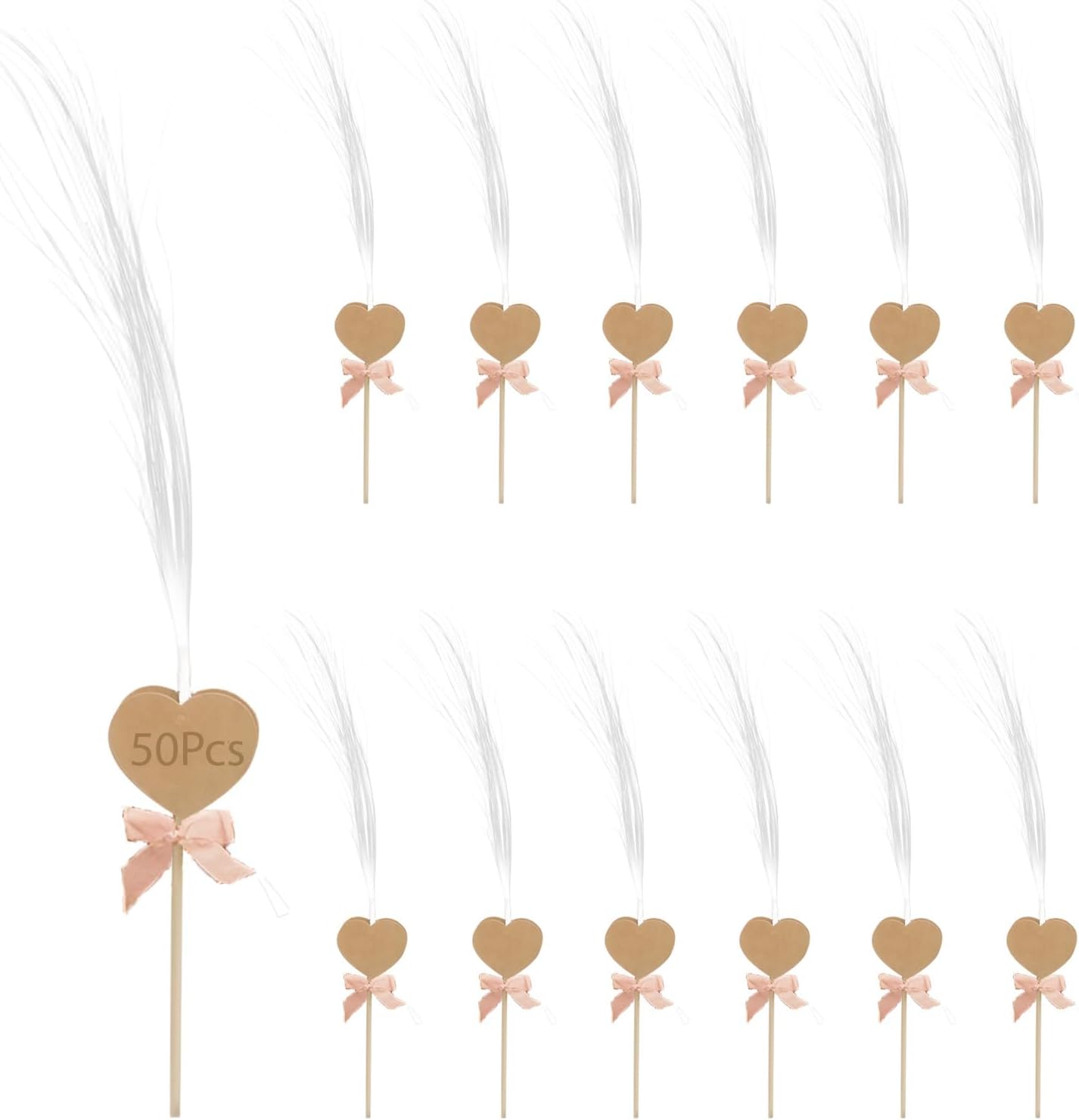 50 Pcs Light Up Wedding Wands, 20.5 In Heart Shape With Bows, Paper, Fiber Optic For Party Send Off