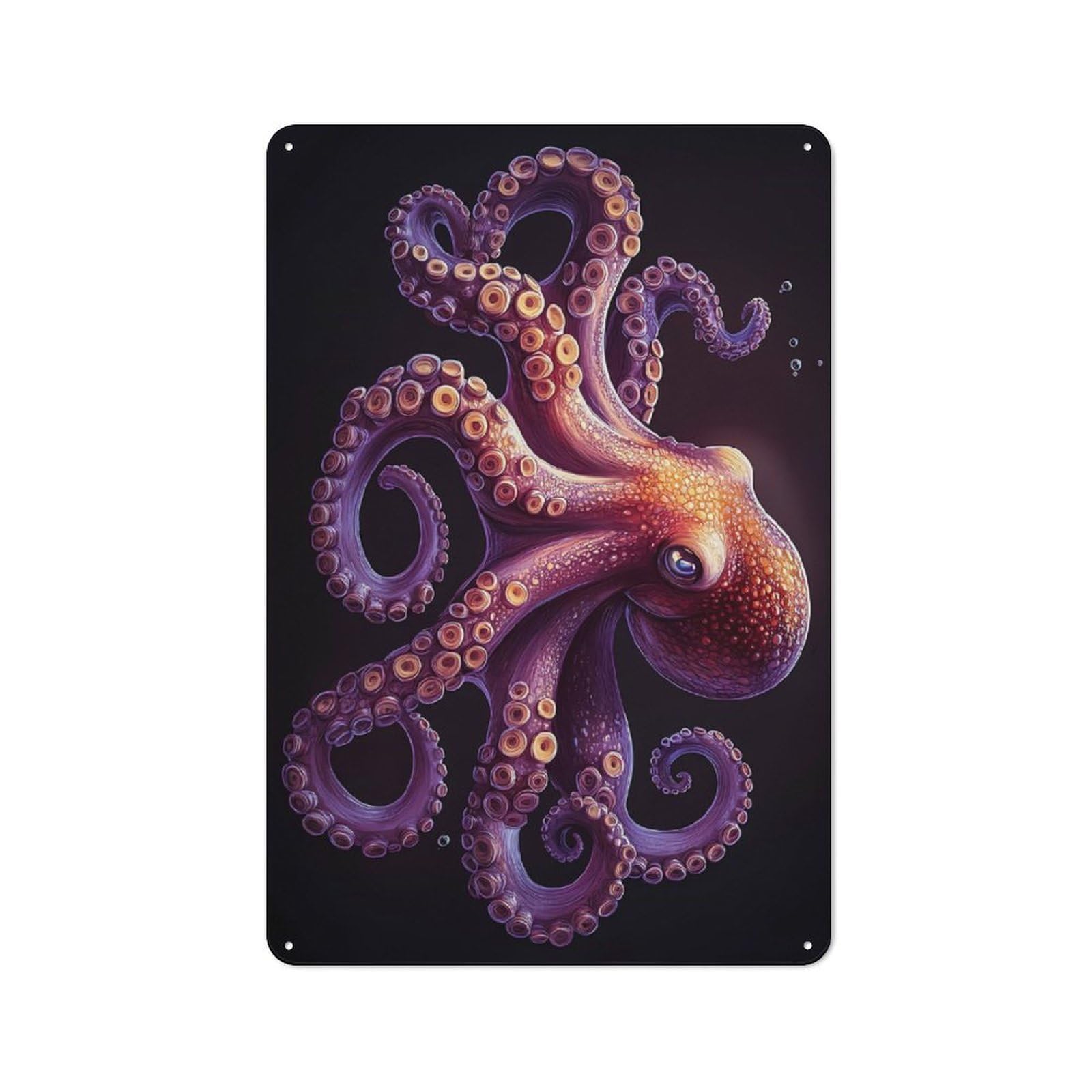 Junmoney Style-7 Detailed Octopus Illustration On Black Background Retro-Style Tin Sign 30X20cm For Living Room Or Hallway, For Home Wall Decor Collectors Refreshing A Room In Autumn