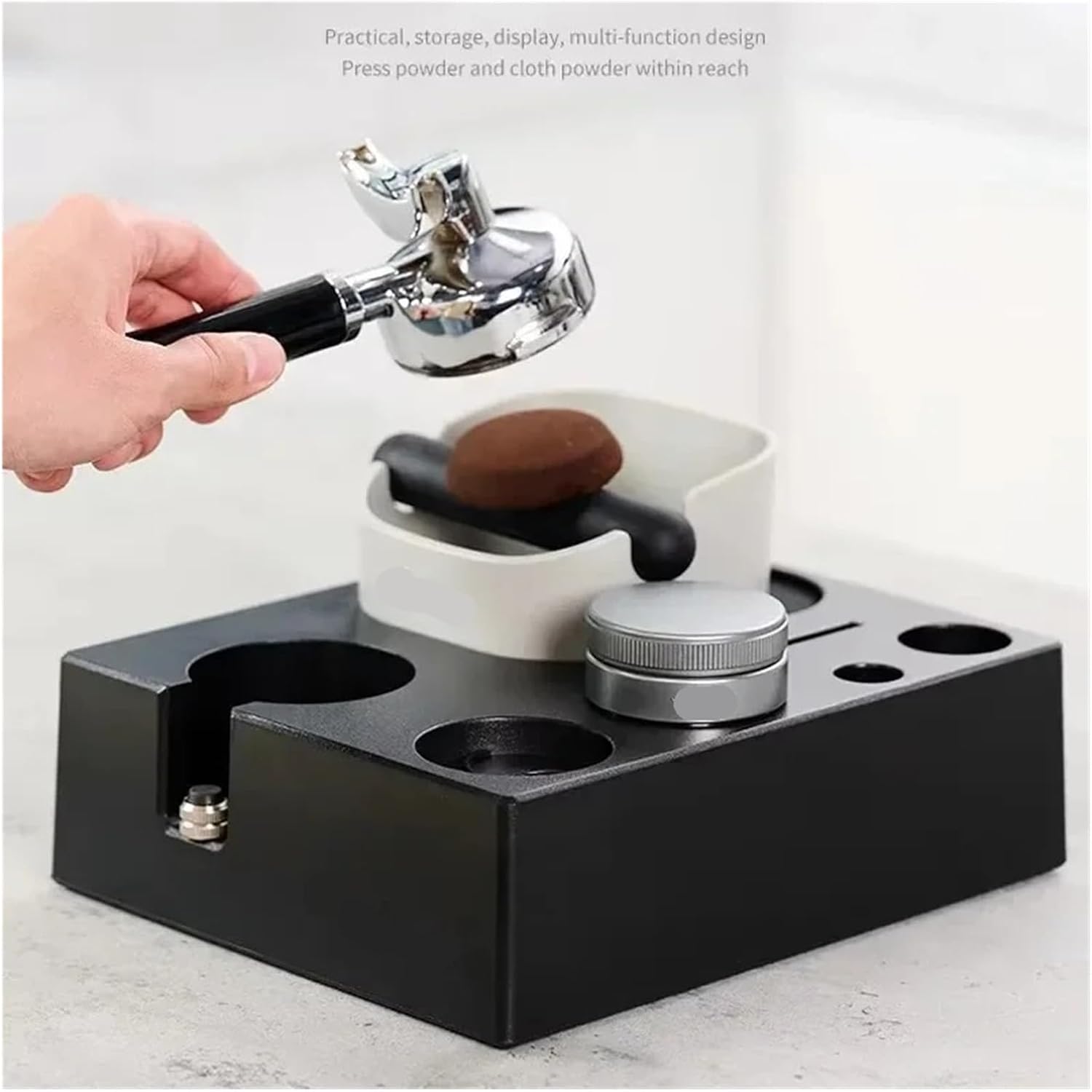 MeLphi 51mm-58.5mm Coffee Portafilter Holder Powder Dispenser Storage Base Coffee Grounds Bucket Powder Press Kit(Black-A)