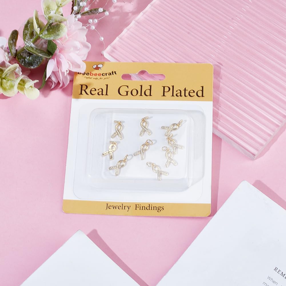 Beebeecraft 1 Box 10Pcs Cancer Ribbon Charms 18K Gold Plated Cubic Zirconia Awareness Hope Breast Cancer Charms with Jump Ring for Jewelry Making DIY Crafts