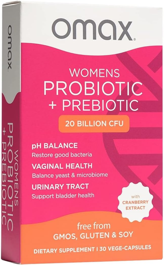 2 Pack Omax Prebiotics & Probiotics Complex for Women, pH Balance, Vaginal Health, Urinary Tract, Yeast, UTI/BV Prevention, Bloating pH 20 Billion CFU | Vegan, Organic, Gluten Free, 60 Vege-Capsules