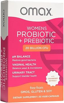 Omax3 Prebiotics and Probiotics Complex for Women, pH Balance, Vag Health, Urinary Tract, Yeast & BV Prevention, Lactobacillus & Bifidobacterium | Vegan, Organic, Gluten Free | 30 Vege-Capsules