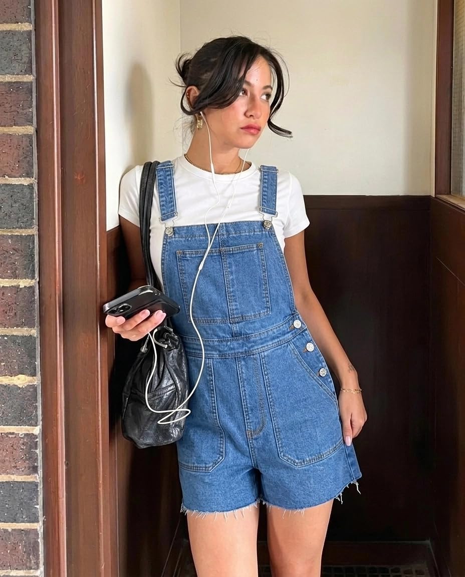 Denim Overall Shorts for Women Stretchy Adjustable Straps Bib Jean Short Overalls Denim Shortalls With Pockets Summer
