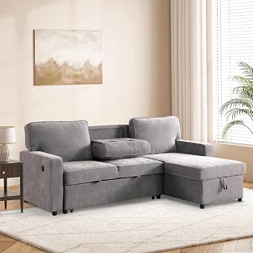 3 Seat Beige Chenille Victorian Sectional Sofa Bed, L Shaped with Pull Out Bed Cup Holders USB Port Storage Chaise for Primary Living Space Gray