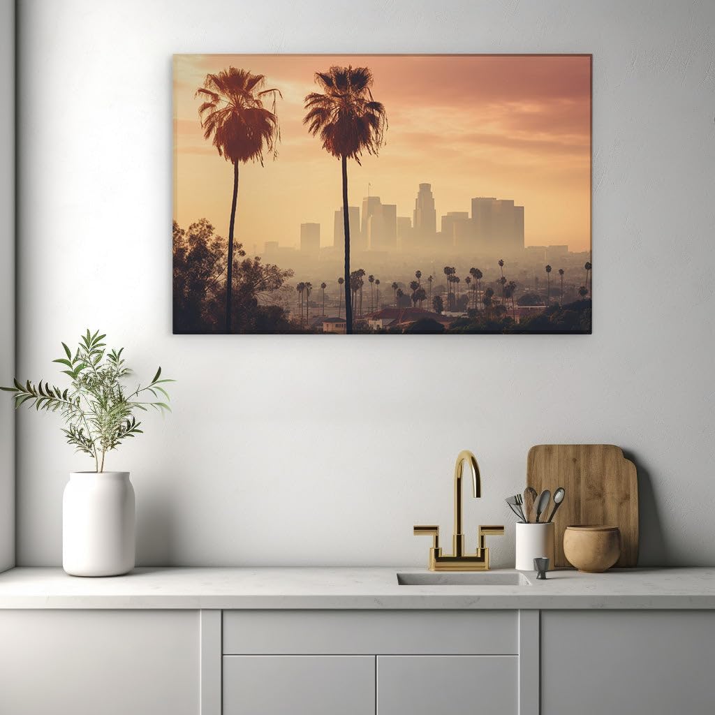 Canvas for Living room. Urban Serenity at Dusk: Los Angeles Skyline Meets Nature's Warm Embrace, 27 x 18 inch Canvas Wall Art - Ready to Hang