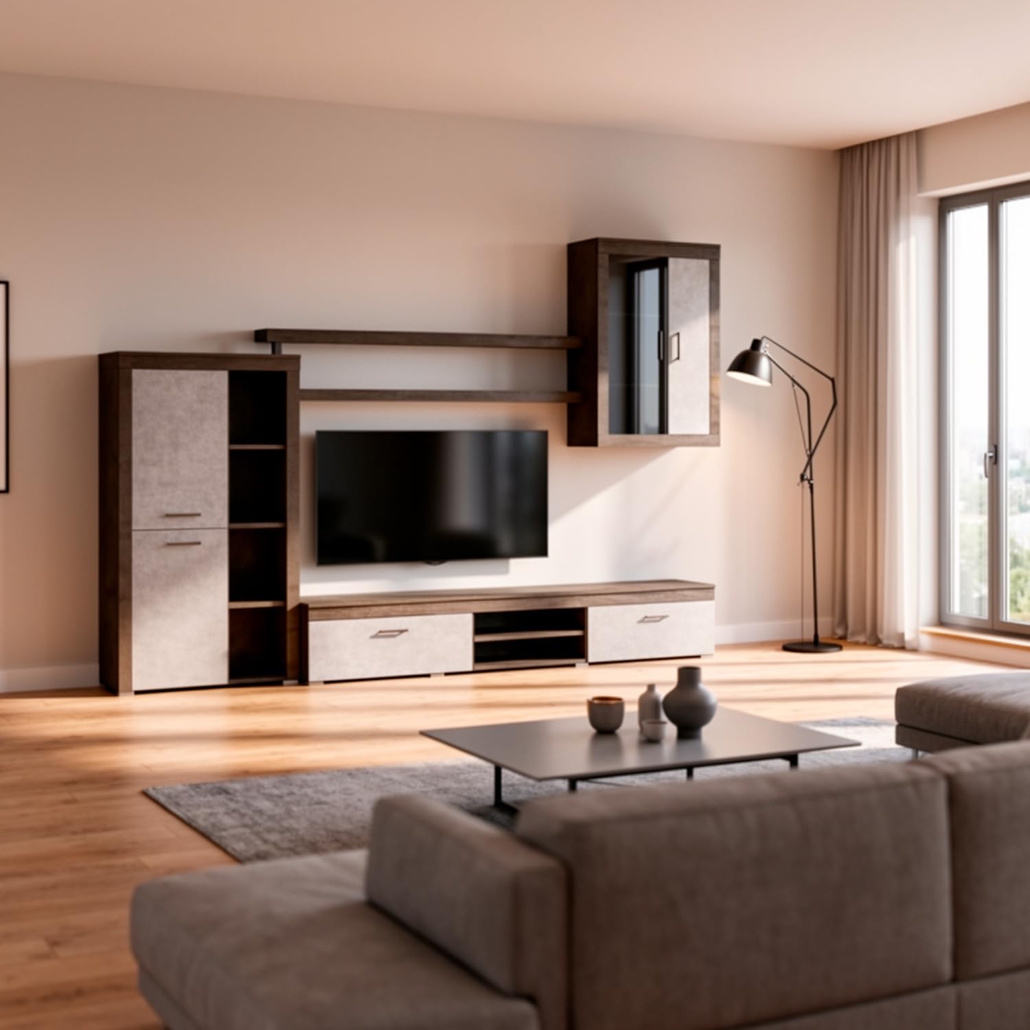 Arreditaly Parete Attrezzata Da Soggiorno Salotto Moderna Con Ante Mensole Vani A Giorno Vetrinetta Mobile TV Design Moderno Moduli Sospesi 293 x 193 x 50 Cm (Ossido e Grigio Cemento)