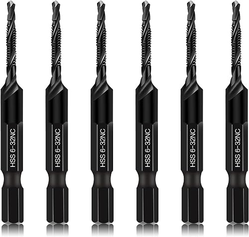 6-Piece 6-32NC Combination Drill Tap Countersink Bit Set SAE, Made of High-Speed Steel with Anti-Rust Blackened Coating, Ideal for Soft Metal, Wood & Plastic, 6-32NC Thread Size, 1/4” Hex Shank